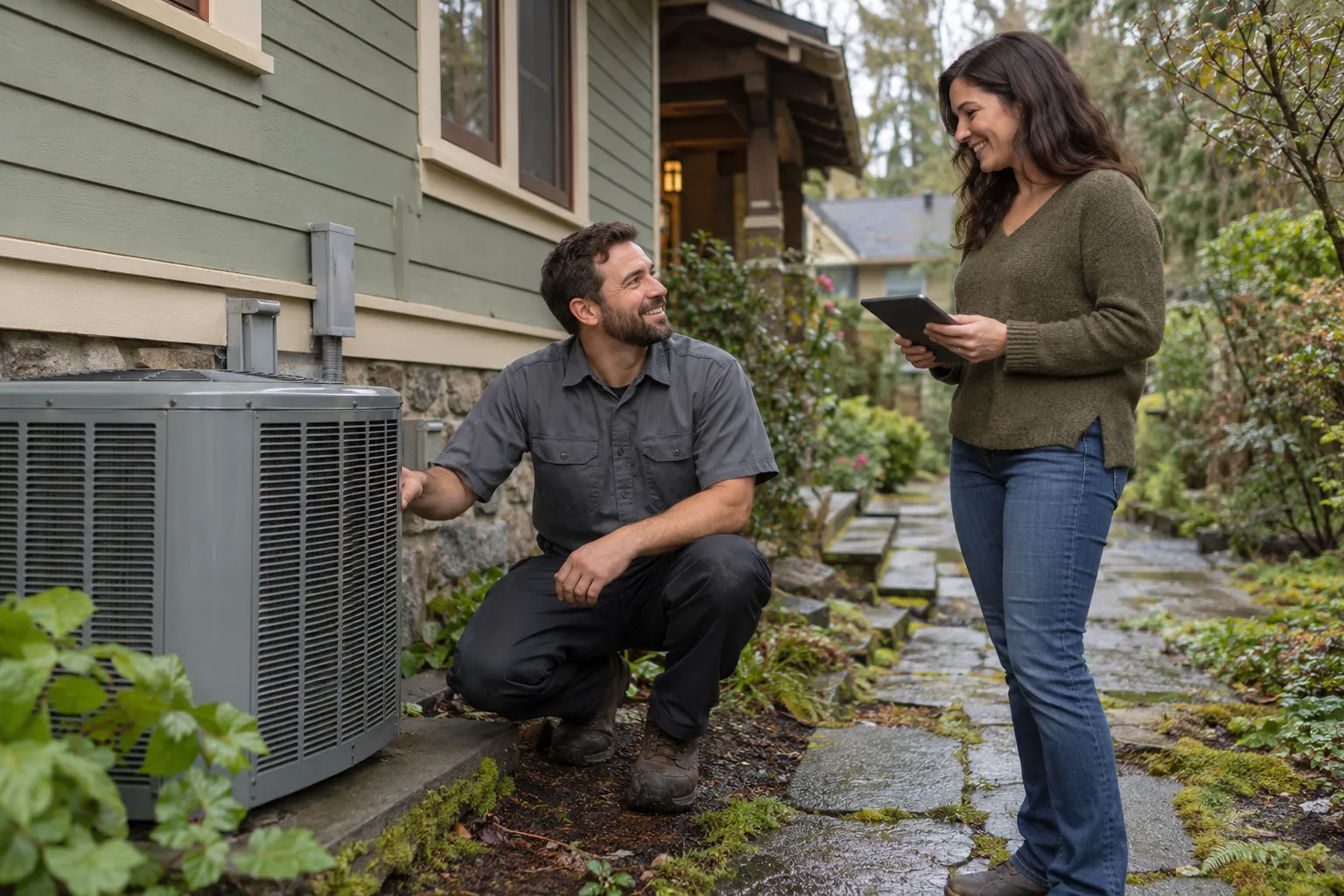 A friendly HVAC provider checking an outdoor air conditioner beside a home in the Hubbard area