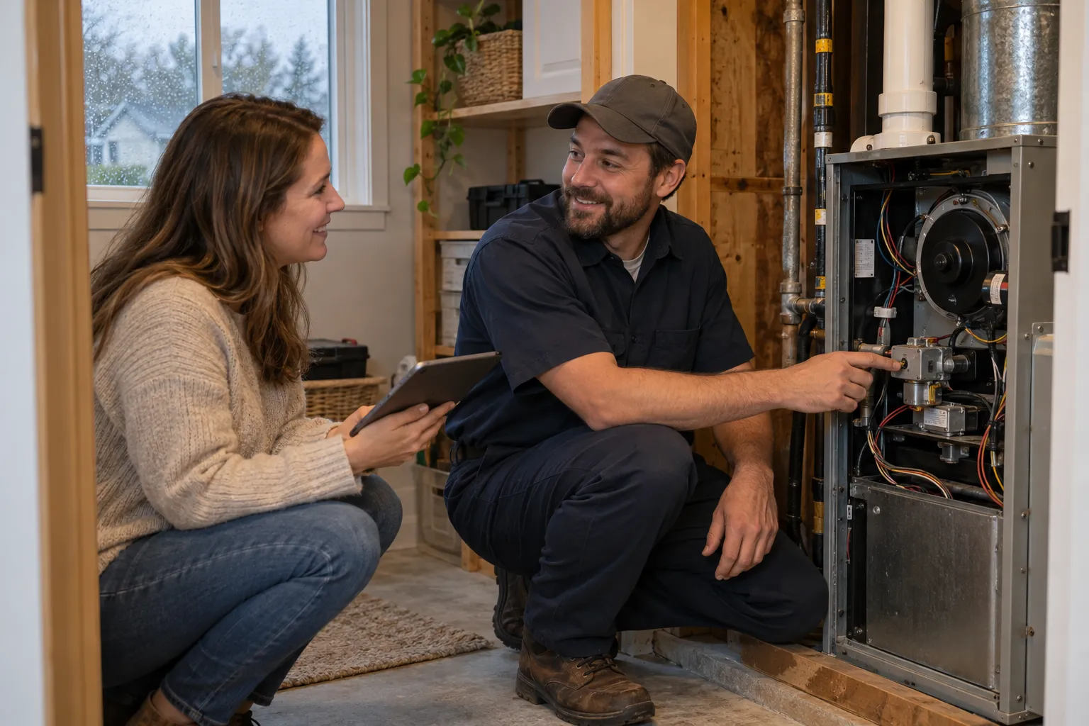 Friendly provider checking a home furnace in a Hubbard basement utility room