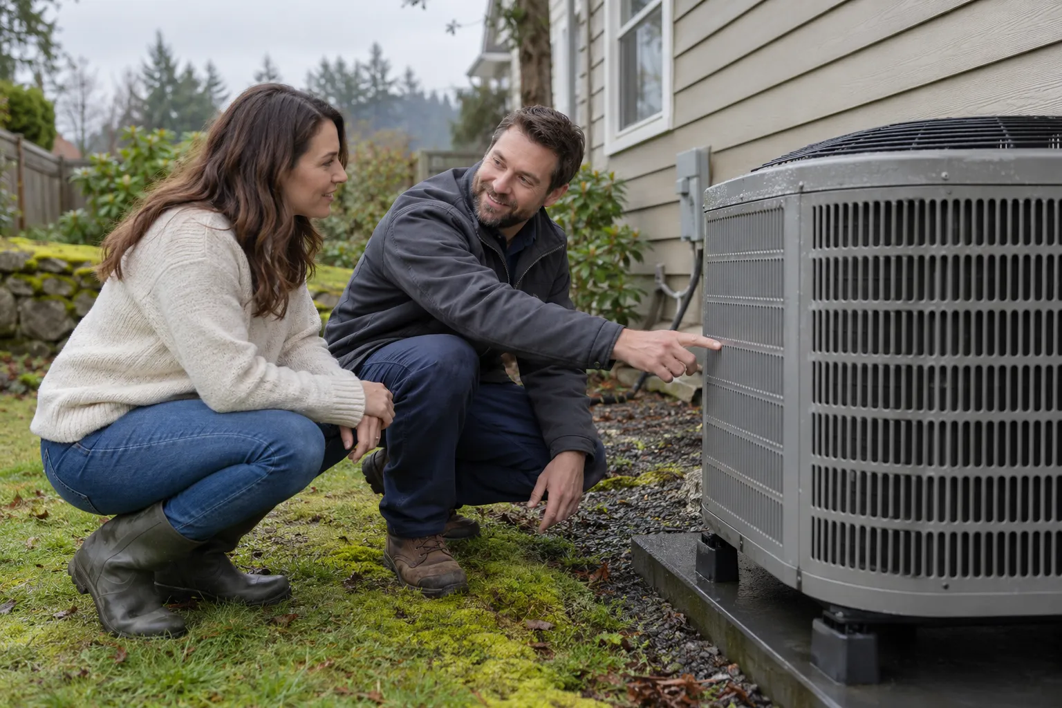 A provider explaining an outdoor AC unit to a homeowner in the Hubbard area